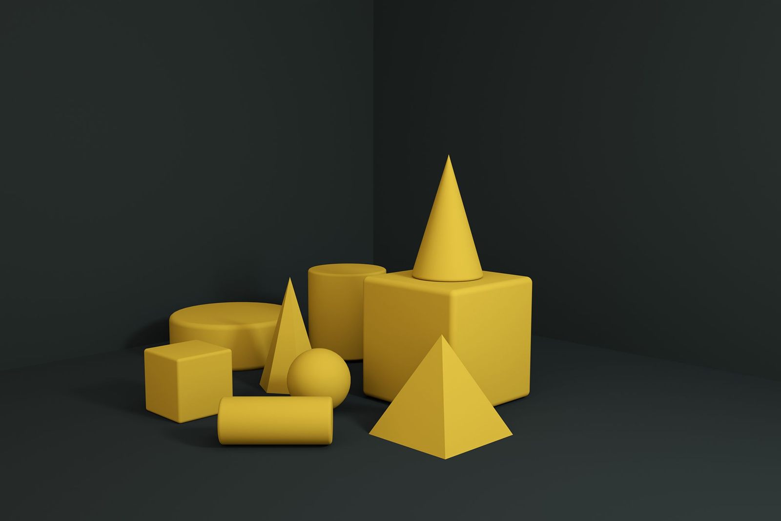 Figuras geométricas en 3D: cono, pirámide, cubo, cilindro y esfera